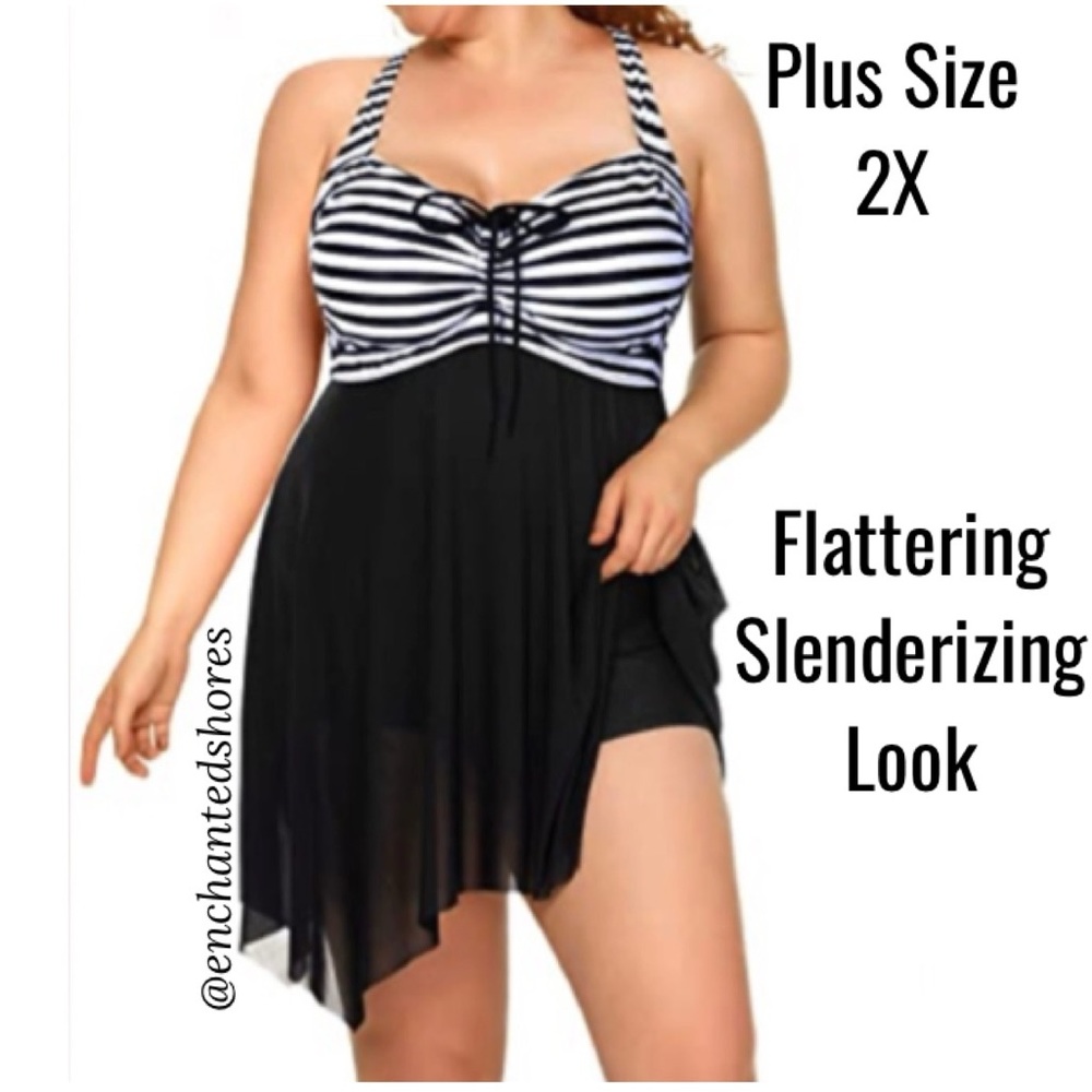 2 Pc Swimsuit Tankini Dress & Shorts Cross Back Black White Stripe Plus Size 20W
